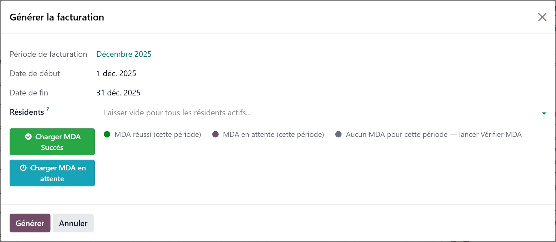Assistant Générer la facturation : période, dates, résidents et chargement MDA