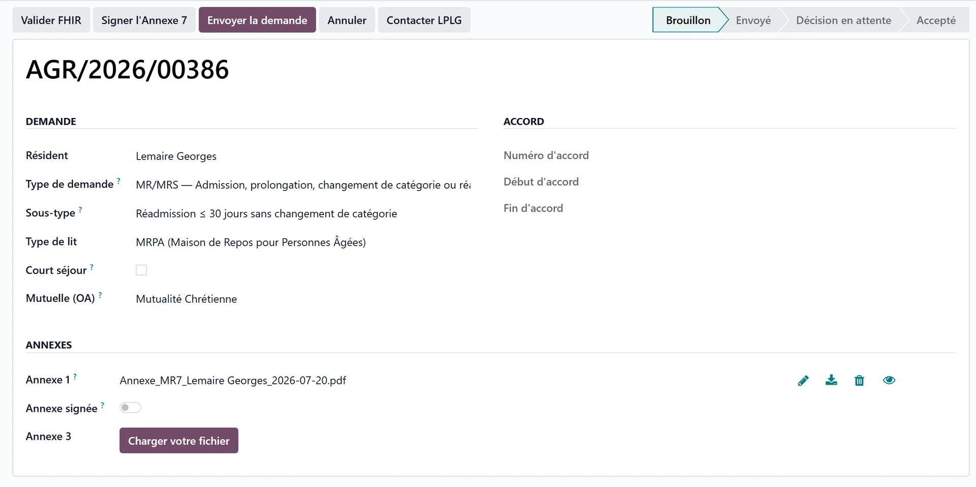 Demande eAgreement en brouillon, avec le bouton Signer l'Annexe 7 dans la barre d'actions et la section Annexes