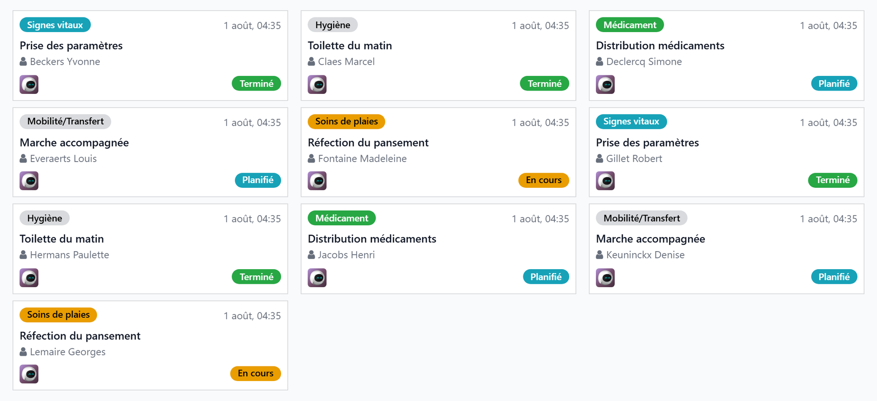Les soins du jour en tableau kanban : une carte par soin, avec son type, son résident et son statut
