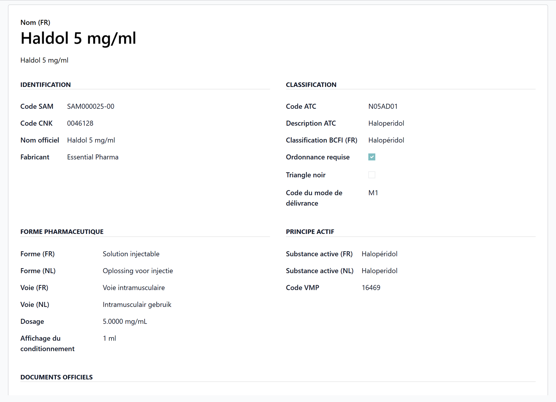 SAM database medication record, with its identification and classification codes