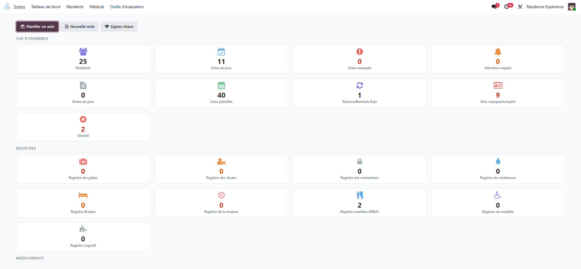 Zorgdashboard: de overzichtstellers, de klinische registers en de snelknoppen om zorg te plannen, een notitie toe te voegen of vitale functies te registreren
