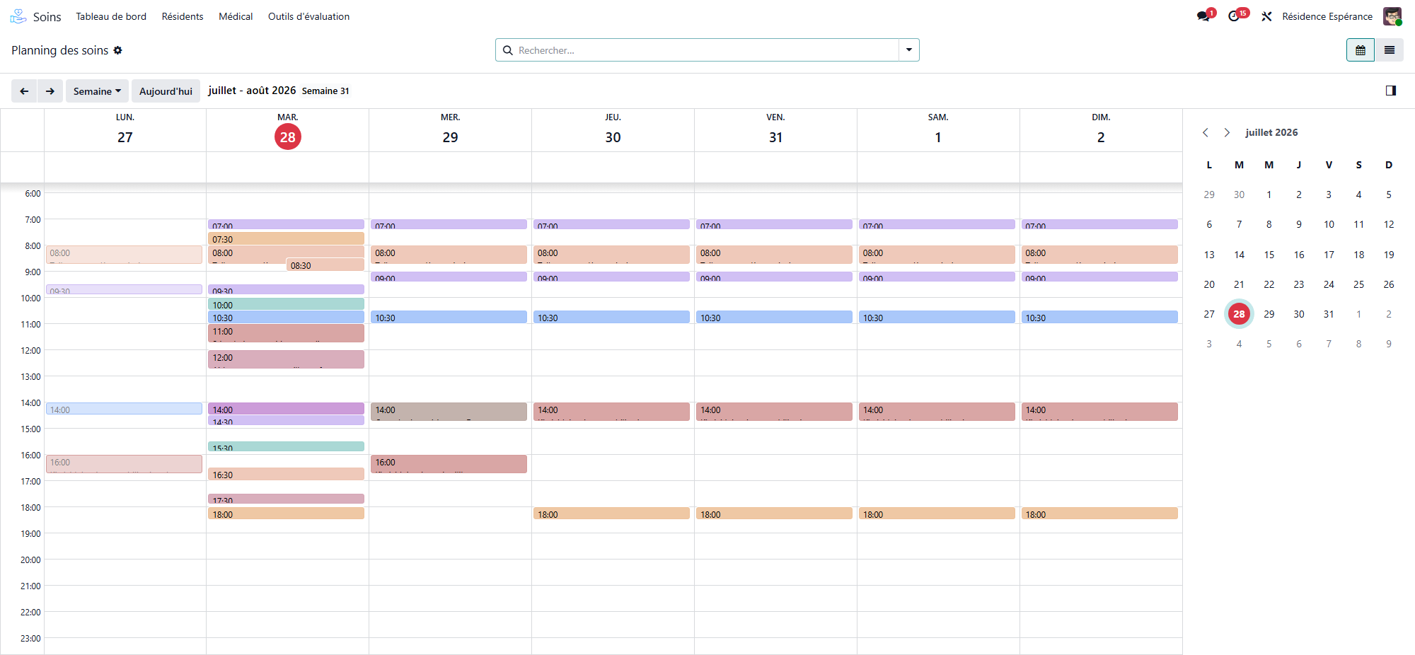 Weekplanning van de zorg in kalenderweergave, met de zorgtaken verdeeld over de tijdvakken