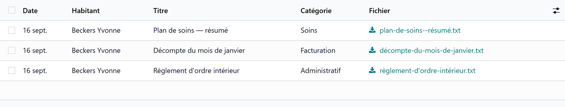 Les documents partagés : date, habitant, titre, catégorie et fichier