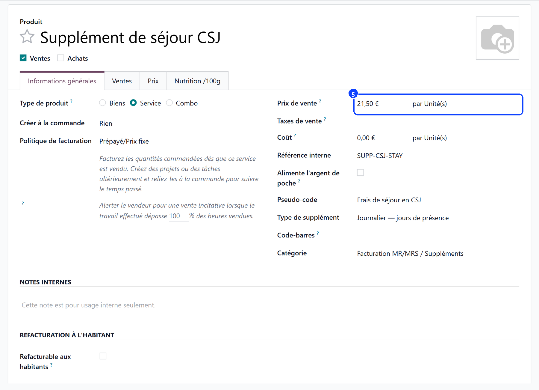 Le produit Supplément de séjour CSJ : un service, son prix de vente, la référence SUPP-CSJ-STAY et le type de supplément Journalier — jours de présence