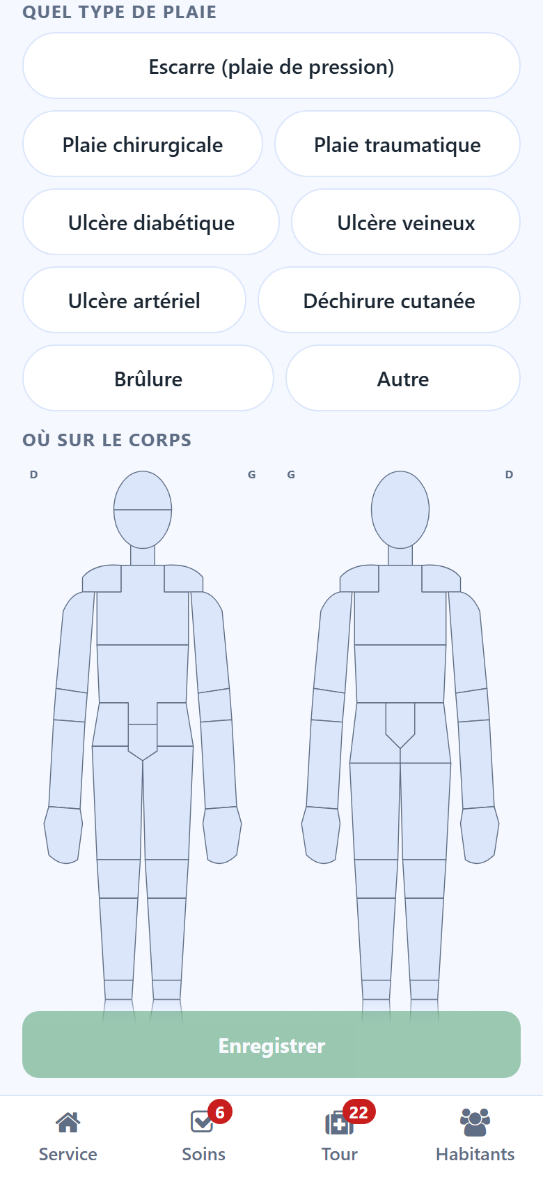 Une note Plaie sur le téléphone : le choix de la plaie, le type de plaie et le dessin du corps où toucher la zone