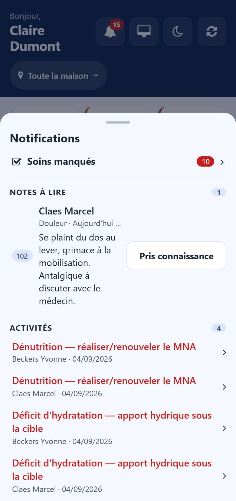 La cloche ouverte sur le téléphone, aux notes à lire : l'habitant, le texte de la note et son bouton Pris connaissance