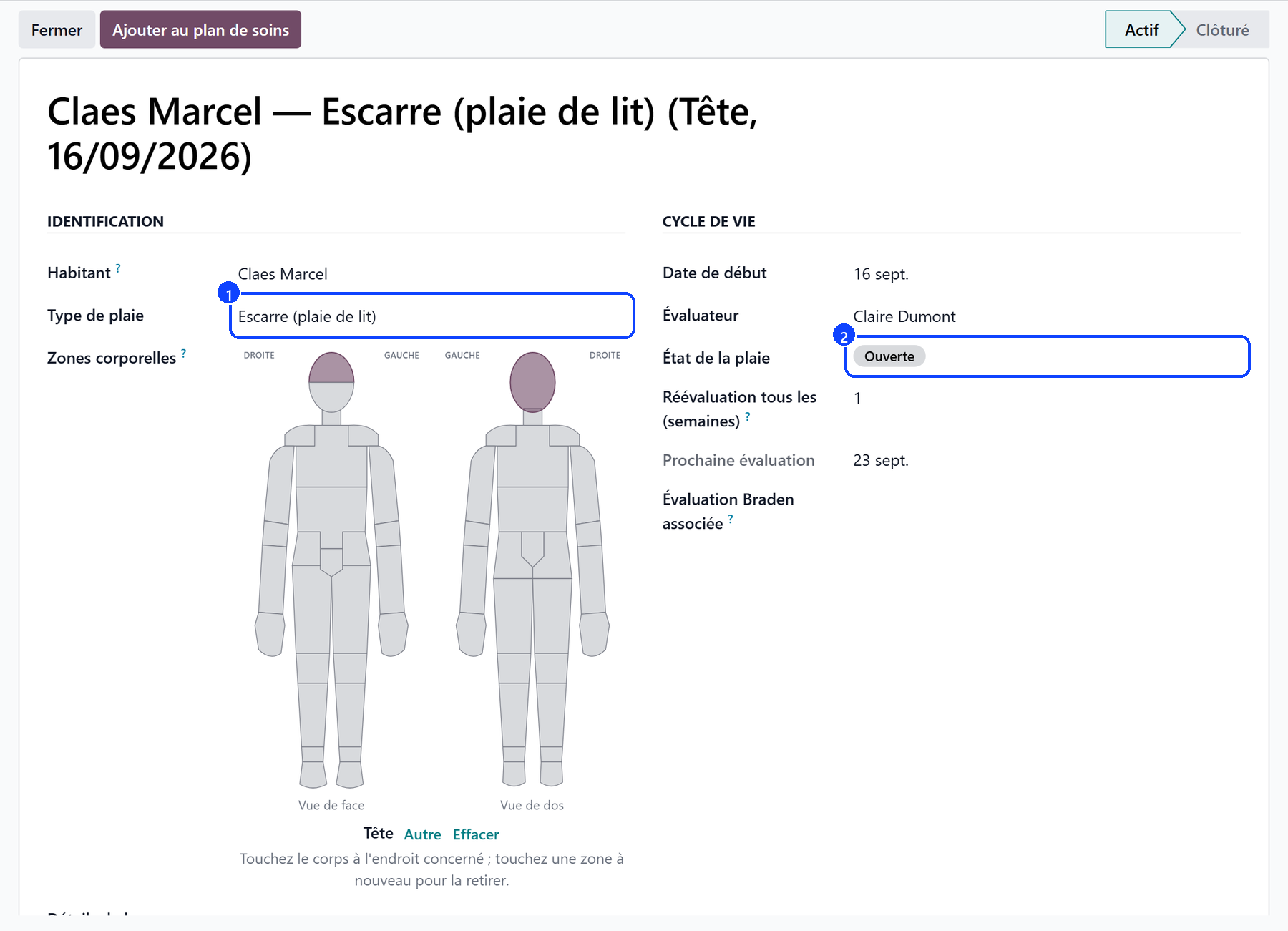 Une plaie dans le registre : le type, le schéma corporel, l'état de la plaie et la prochaine évaluation