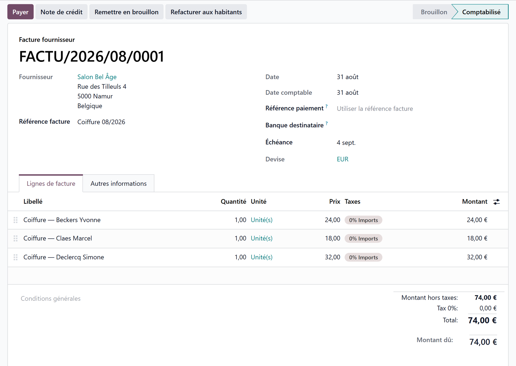 Posted vendor bill with the Recharge to residents button in the header