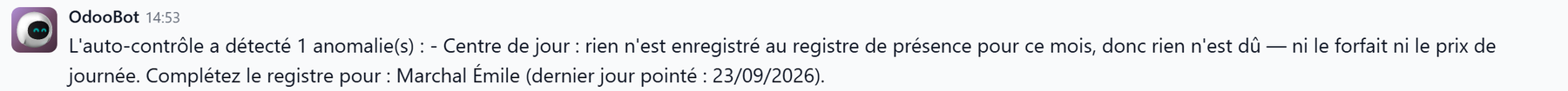 De nota op de periode: er is niets geregistreerd in het aanwezigheidsregister voor deze maand, dus is er niets verschuldigd, met de naam van de gebruiker en de laatst geregistreerde dag