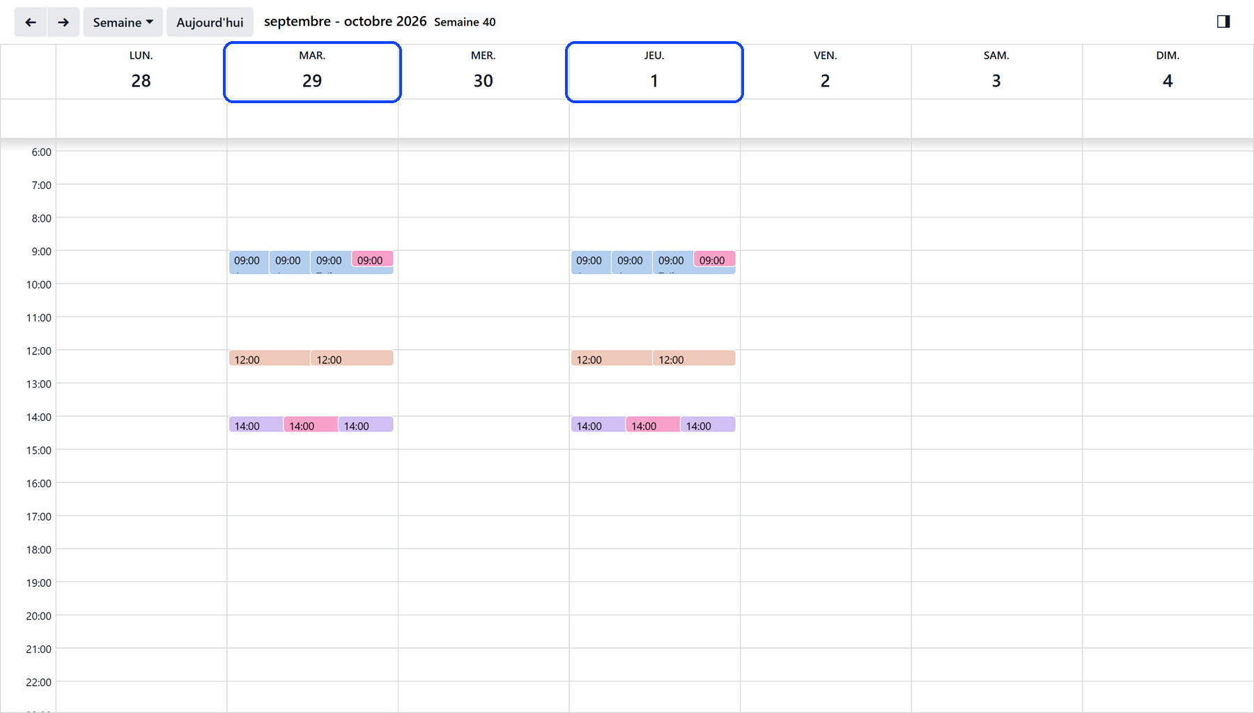 De week van een gebruiker die op dinsdag en donderdag komt, in de zorgkalender: de zorg van de ochtend, de middag en de namiddag op die twee dagen, niets op de vijf andere