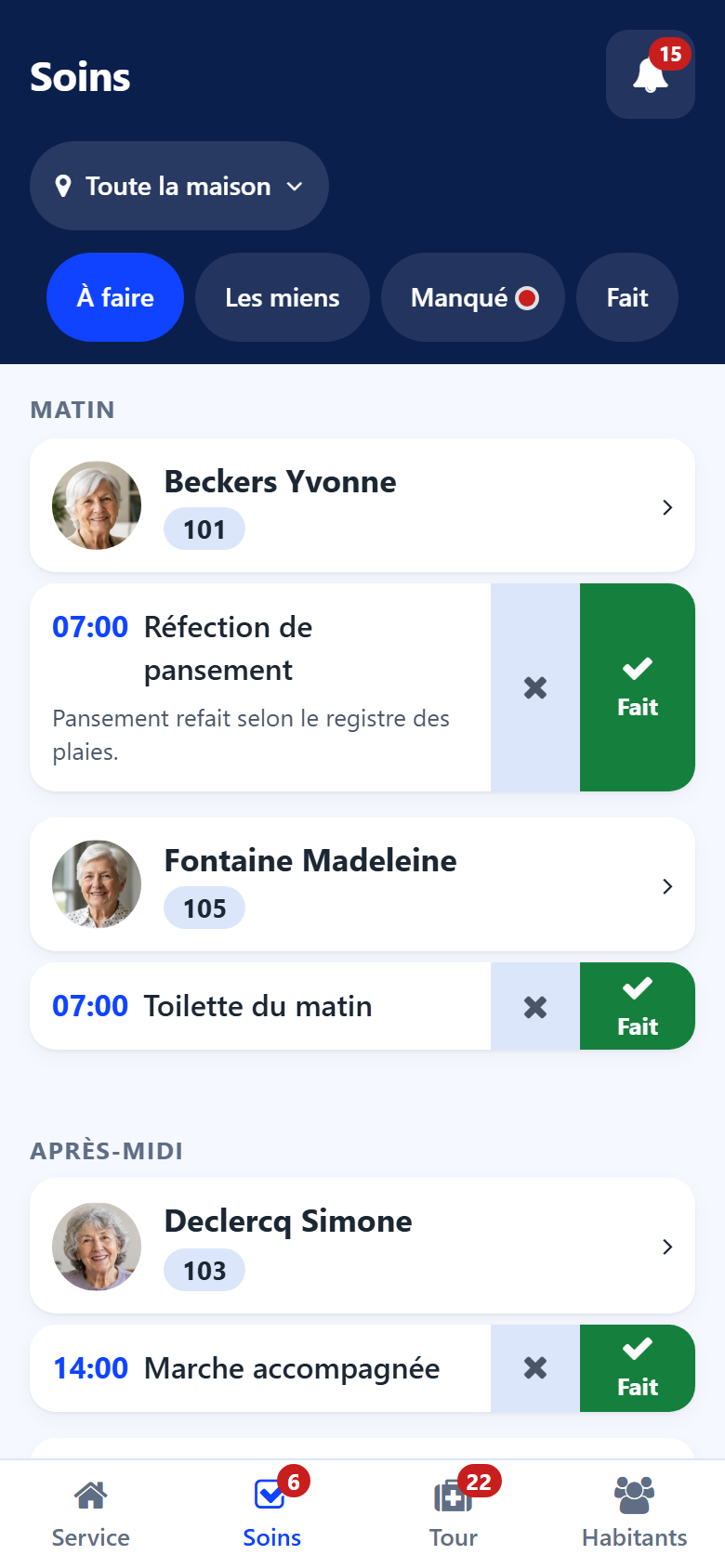 Het scherm Zorgtaken op de smartphone: de tabbladen Te doen, De mijne, Gemist en Gedaan, daarna de zorgen van elke bewoner met hun knop Gedaan
