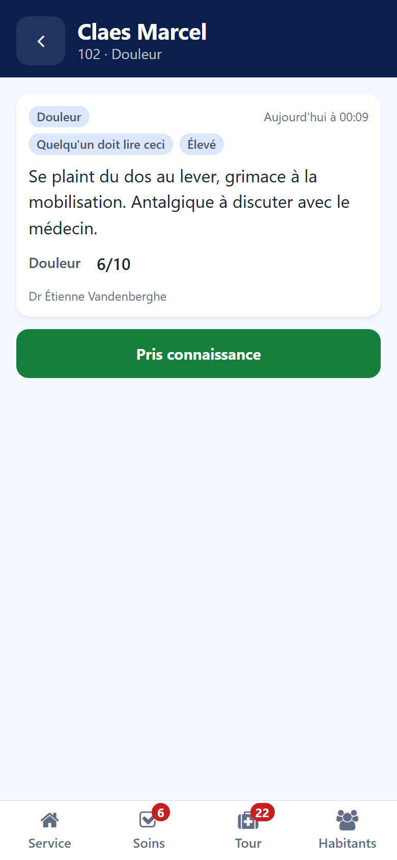 Een notitie volledig geopend op de smartphone, met tekst, auteur en de knop Gelezen
