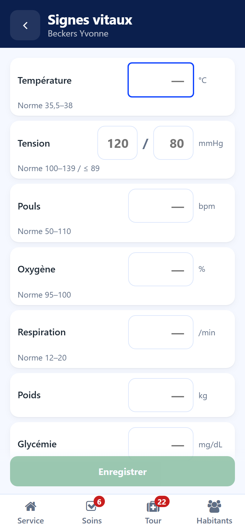 Het formulier Vitale parameters op de smartphone: één veld per meting met de eenheid, het gebruikelijke bereik en de laatste waarde eronder