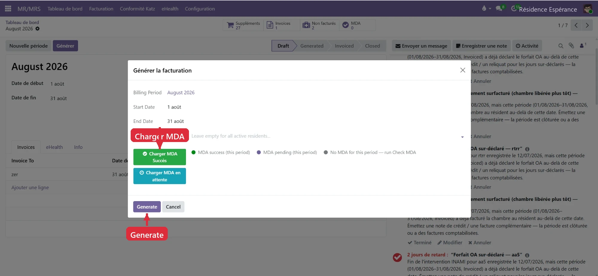 Assistant Générer la facturation : période, dates, résidents et chargement MDA